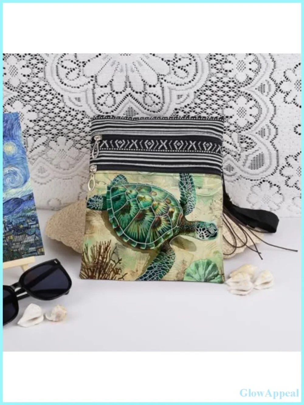 Turtle Crossbody Bag Polyester Sling Adjustable Strap Double Zipper